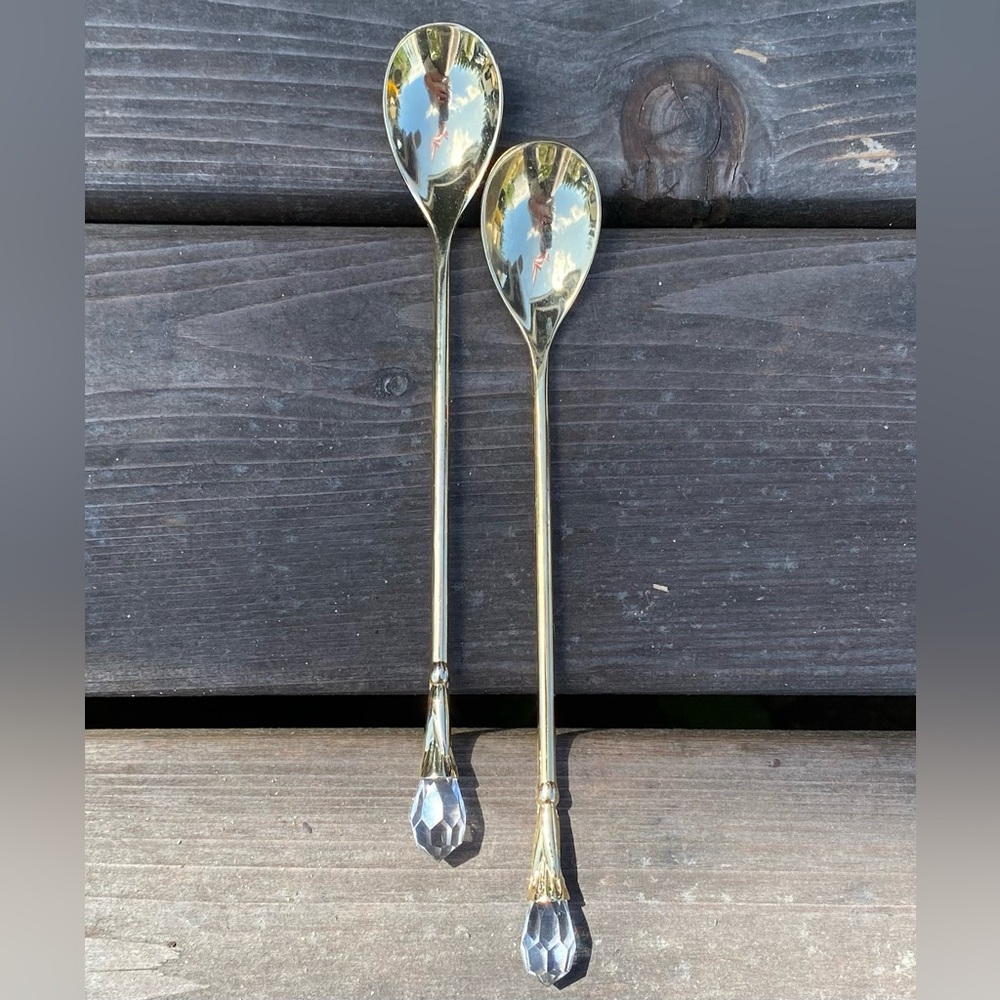 2 Piece Demi Spoons Dessert Flatware Set Gold Tone W Clear Crystal Faceted Jewel